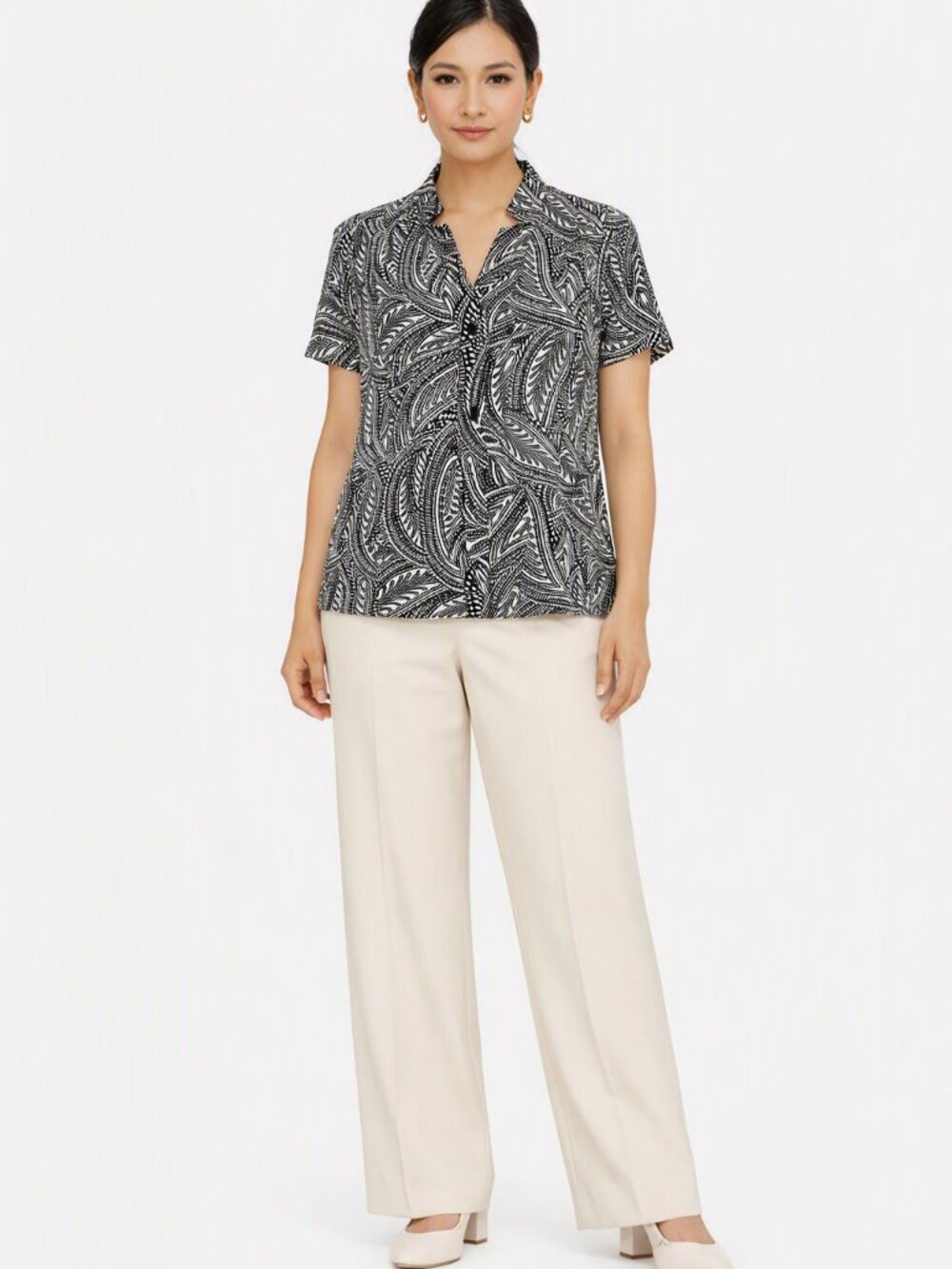 212 Collection  Linear Leaf Print  Black & White Short Sleeve Blouse Top Large P